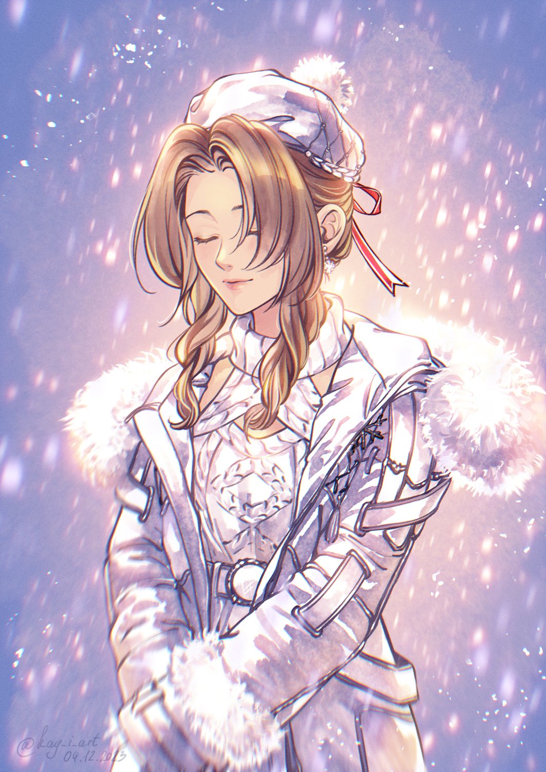1girl, aerith_gainsborough, belt, brown_hair, closed_eyes, closed_mouth, coat, dated