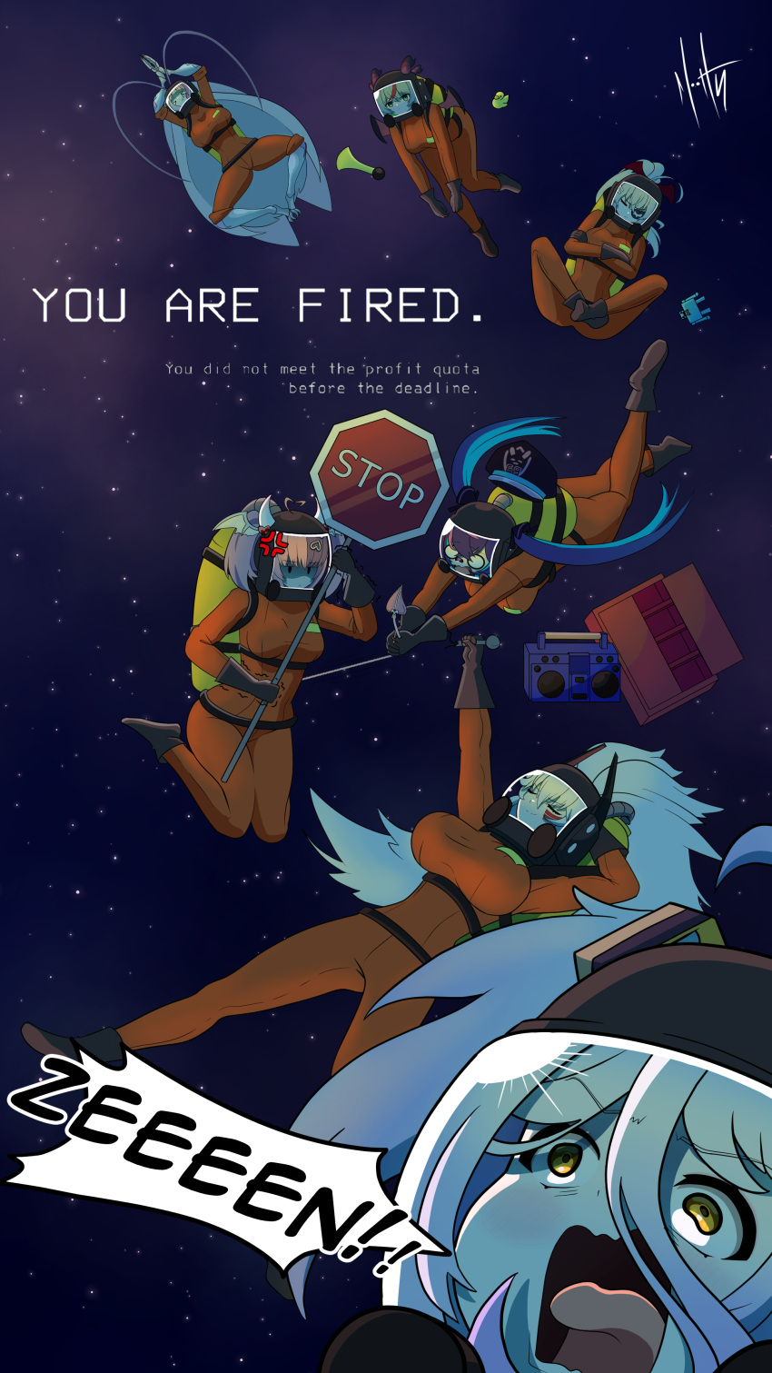 6+girls, absurdres, apricot_the_lich, boombox, cabinet, character_request, commentary, english_commentary, english_text, geega_(vtuber), hazmat_suit, helmet, henya_the_genius, highres, ironmouse, lethal_company, matara_kan, mr_m00th, multiple_girls, oxygen_tank, road_sign, robot, rubber_duck, sign, stop_sign, tagme, toy_robot, vshojo, zentreya