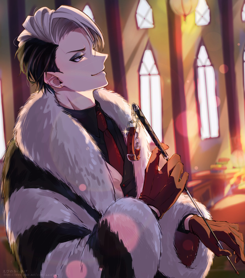 1boy, absurdres, artist_name, black_hair, black_shirt, black_vest, blurry, blurry_background