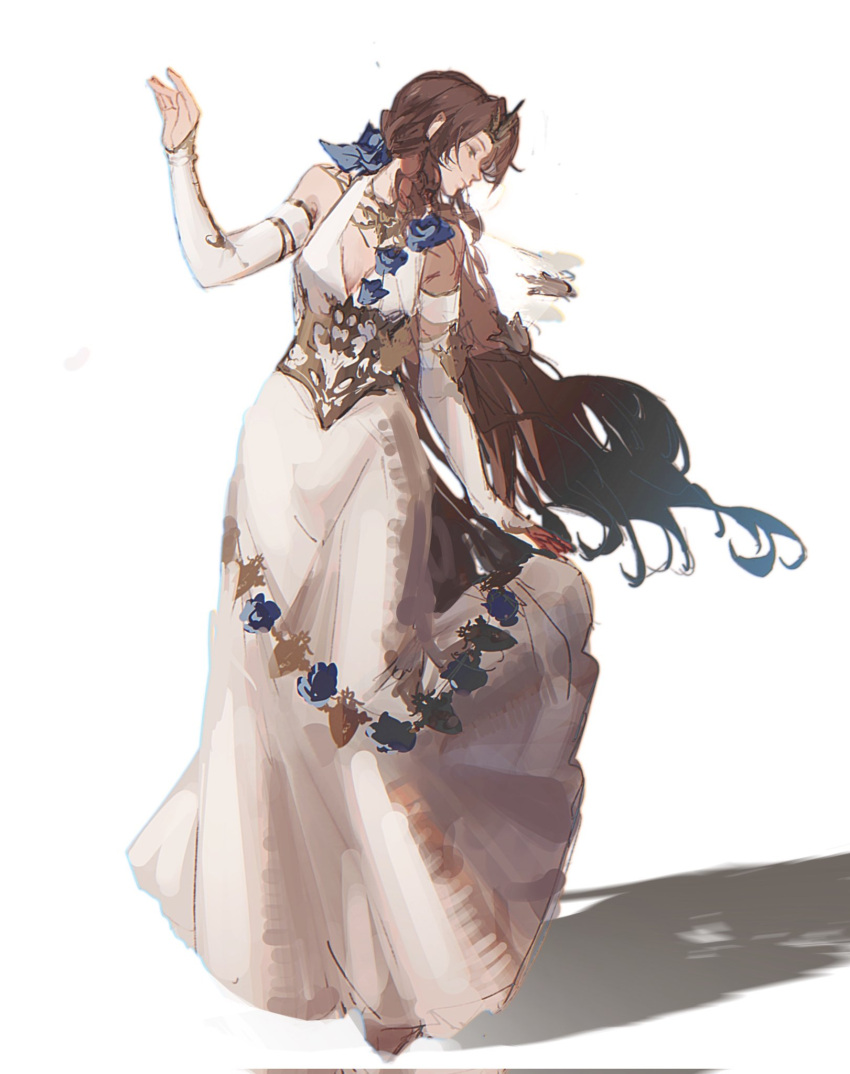 1girl, aerith_gainsborough, aerith_gainsborough_(prism_dress), blue_flower, blue_ribbon, blue_rose, brown_hair, chinese_commentary