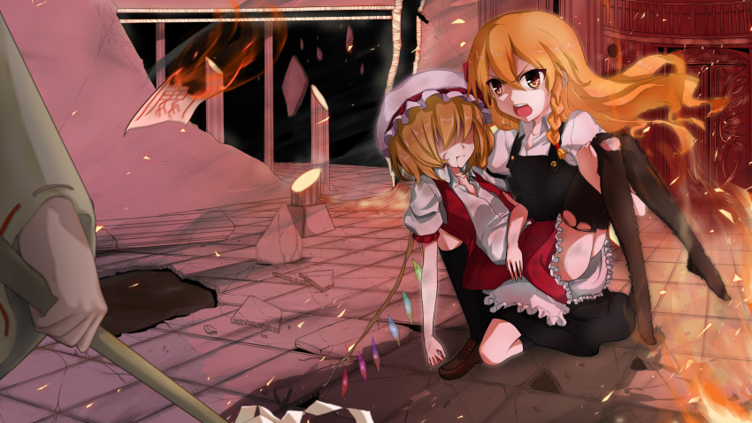 bad_id, battle, black_legwear, black_thighhighs, blonde_hair, blood, carrying, cuts