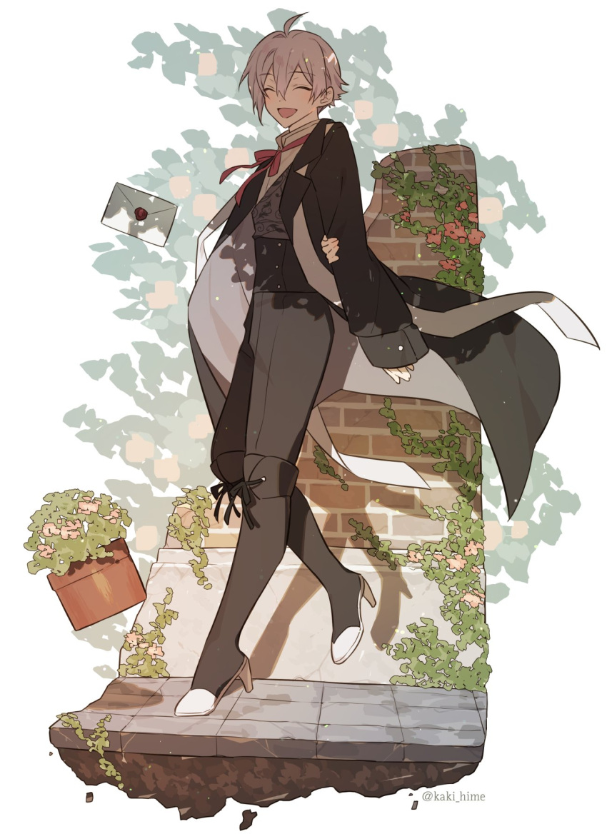 1boy, ahoge, alternate_costume, black_footwear, black_jacket, black_pants, blush, boots