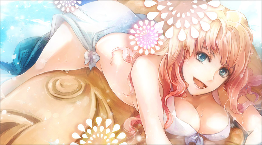 blonde_hair, blue_eyes, breasts, flower, hair_flower, hair_ornament, long_hair, macross