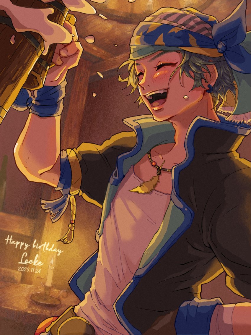 1boy, bandaged_wrist, bandages, beer_mug, belt, black_jacket, blue_ribbon, blush, candle, character_name, closed_eyes, cup, dated, eakanasu, earrings, feather_necklace, final_fantasy, final_fantasy_vi, grey_hair, hand_on_own_hip, happy_birthday, head_scarf, highres, holding, holding_cup, indoors, jacket, jewelry, locke_cole, male_focus, mug, multicolored_clothes, multicolored_headwear, necklace, open_mouth, parted_bangs, ribbon, shirt, short_hair, sleeves_rolled_up, smile, solo, teeth, upper_body, upper_teeth_only, white_shirt, wrist_ribbon