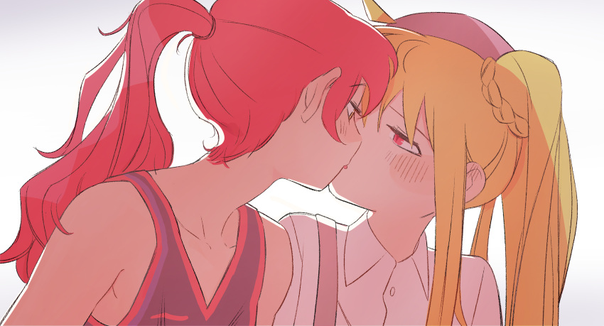 2girls, absurdres, ahoge, alternate_costume, black_tank_top, blonde_hair, blush, bocchi_the_rock!, collared_shirt, highres, ijichi_nijika, kiss, kita_ikuyo, long_hair, multiple_girls, one_side_up, ponytail, red_eyes, redhead, shirt, side_ponytail, sidelocks, simple_background, tank_top, tiffany_chou, white_background, white_shirt, yellow_eyes, yuri