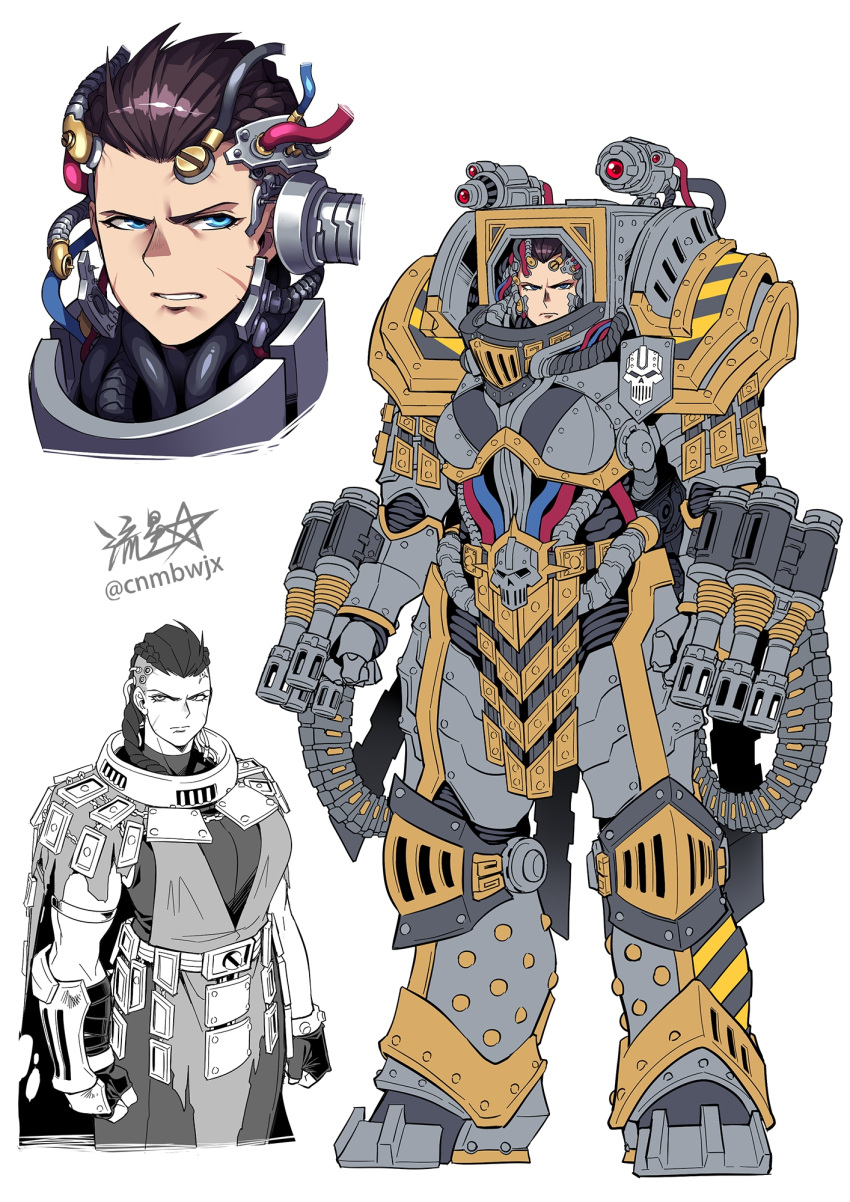 1girl, adeptus_astartes, ammunition_belt, armor, breastplate, breasts, brown_hair, cape
