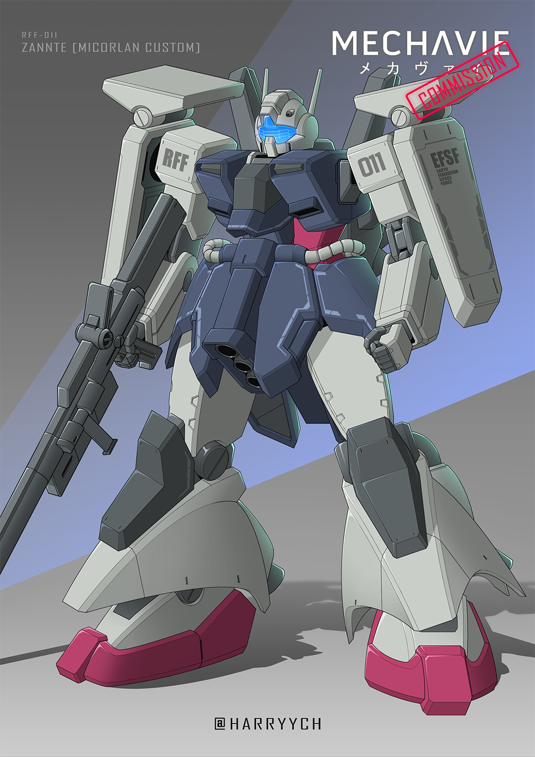 arms_at_sides, assault_visor, beam_rifle, character_name, clenched_hand, commentary_request, commission, earth_federation_space_forces, energy_gun, english_commentary, full_body, fusion, gm_iii_beam_master, grey_background, gun, gundam, gundam_build_divers, gundam_zz, harryych, highres, holding, holding_gun, holding_weapon, mecha, mixed-language_commentary, mobile_suit, no_humans, pixiv_commission, purple_background, robot, science_fiction, shadow, solo, standing, twitter_username, two-tone_background, weapon, zaku_iii