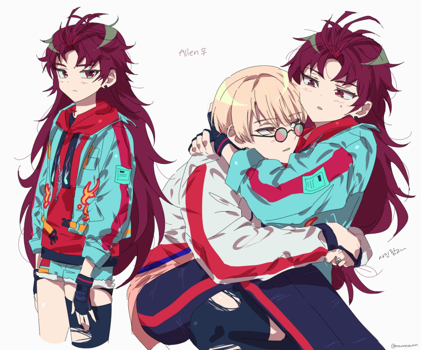 1boy, 1girl, alternate_hair_length, alternate_hairstyle, black_pants, black_shirt, black_thighhighs, blonde_hair