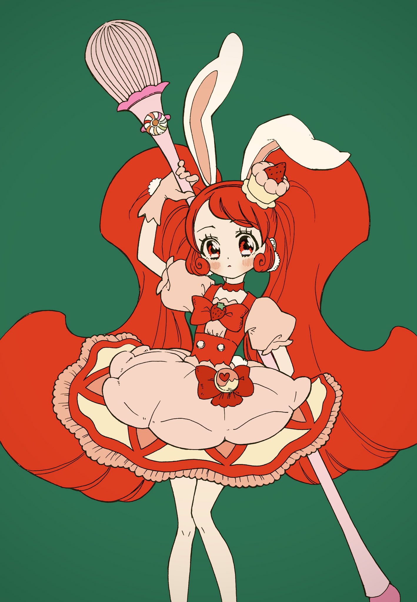 1girl, aji_fry, animal_ears, blush, bow, cake, cake_hair_ornament, choker