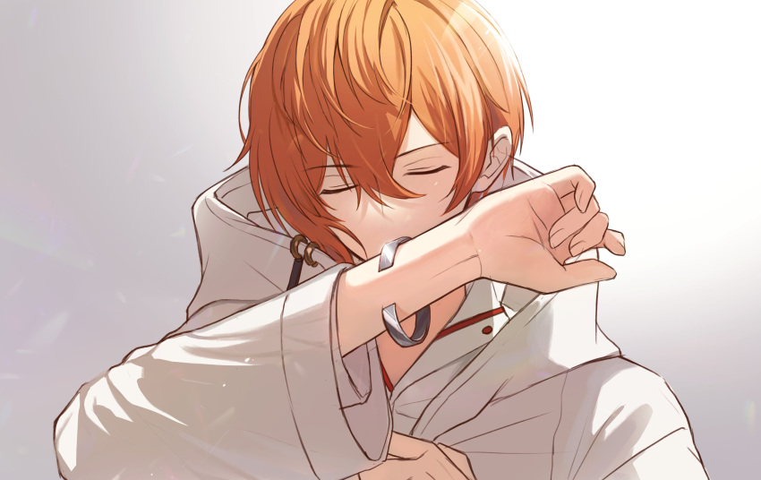 1boy, absurdres, bracelet, closed_eyes, covered_mouth, gradient_background, grey_background, highres, jacket, jewelry, long_sleeves, male_focus, miyama_kei, multicolored_background, orange_hair, paradox_live, phantometal_(paradox_live), short_hair, silver_jewelry, sis_0001, solo, white_background, white_jacket
