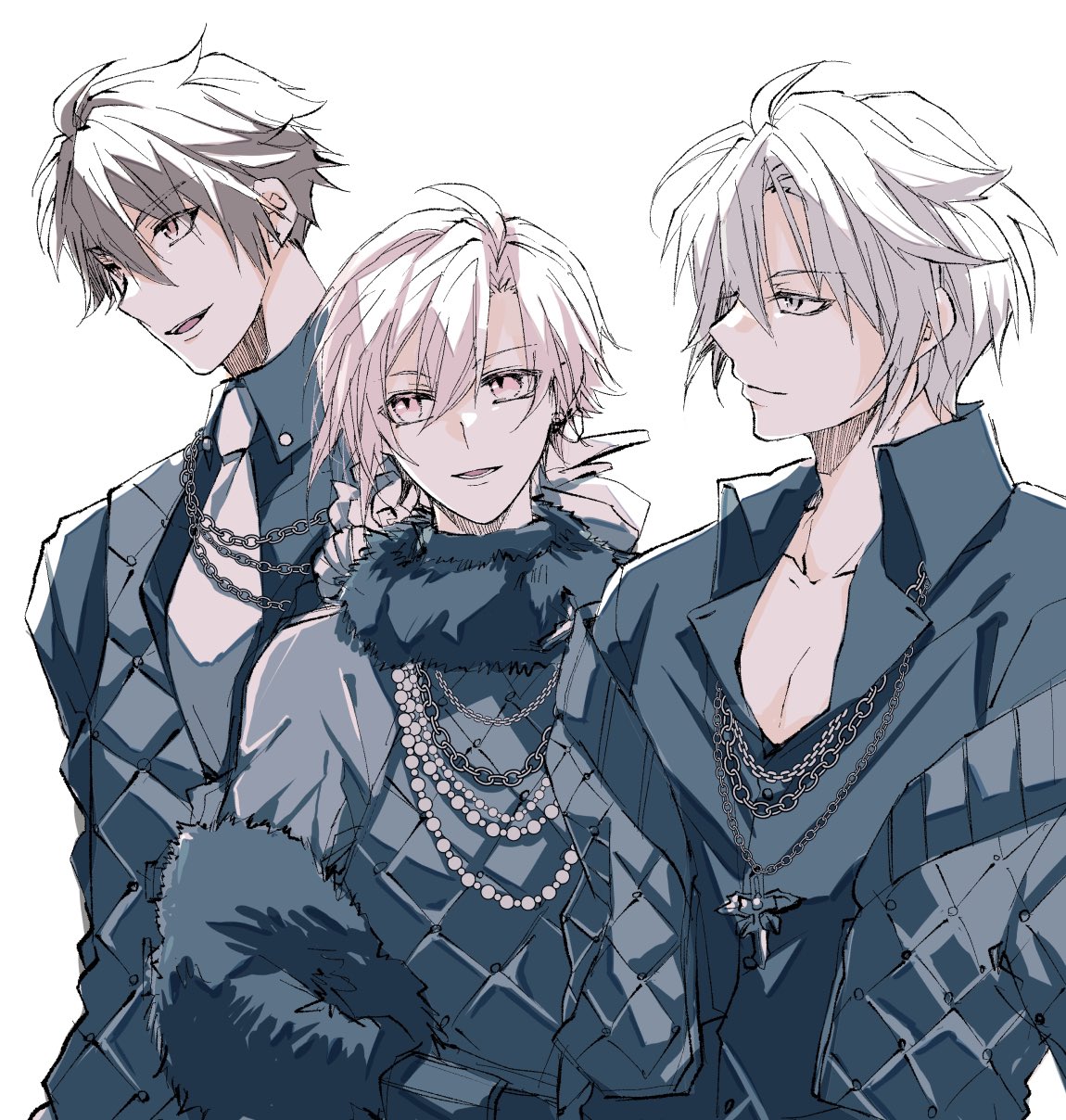 3boys, bishounen, black_shirt, brown_eyes, brown_hair, chain_necklace, closed_mouth, collared_shirt