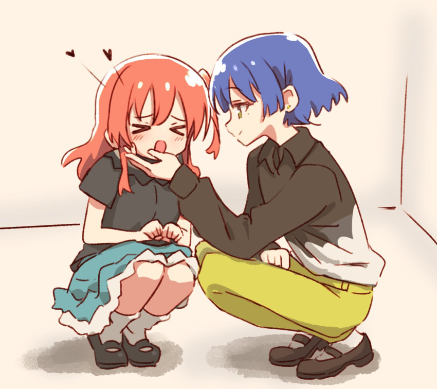 >_<, 2girls, alternate_costume, black_footwear, black_shirt, blue_hair, blue_skirt, blush, bocchi_the_rock!, closed_eyes, closed_mouth, commentary, full_body, heart, highres, kita_ikuyo, krill55, long_hair, long_sleeves, looking_at_another, multiple_girls, one_side_up, open_mouth, pants, redhead, ryo/kita, shirt, short_hair, short_sleeves, skirt, smile, socks, squatting, tomboy, two-tone_shirt, white_shirt, white_socks, yamada_ryo, yellow_eyes, yellow_pants, yuri