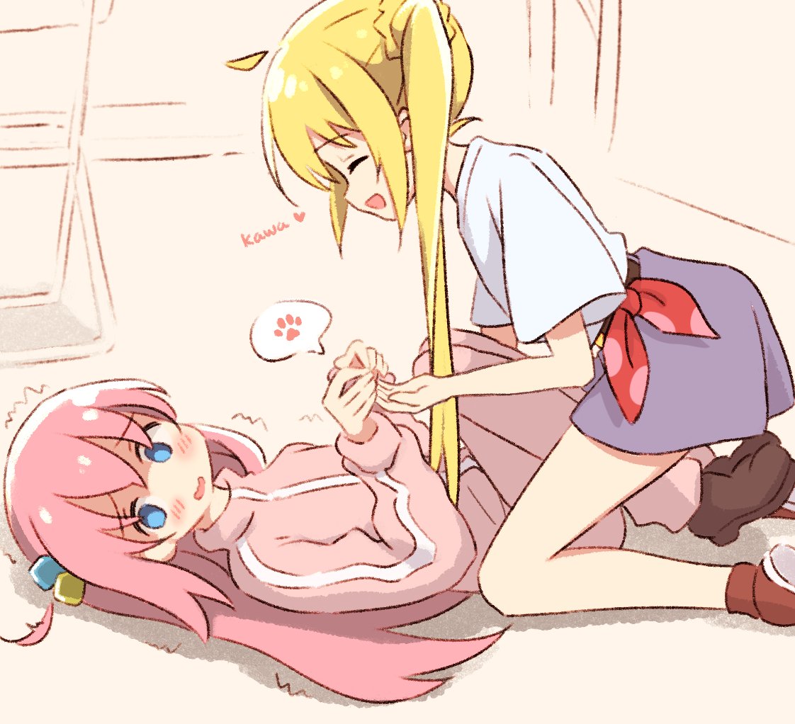 2girls, ahoge, belt, black_belt, blonde_hair, blue_eyes, blue_skirt, blush