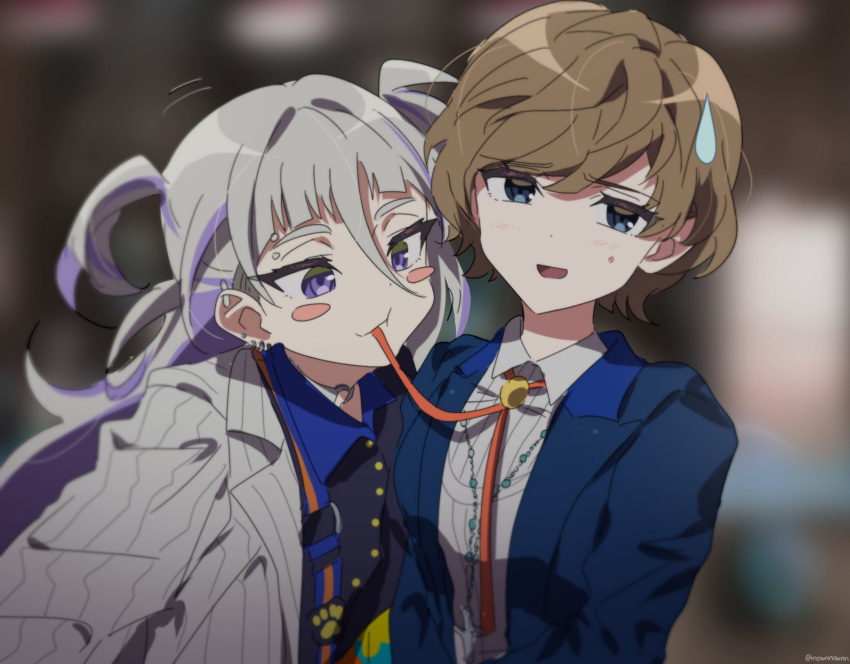 2girls, ando_shiki, black_shirt, blue_eyes, blue_jacket, blue_shirt, brown_hair, coat