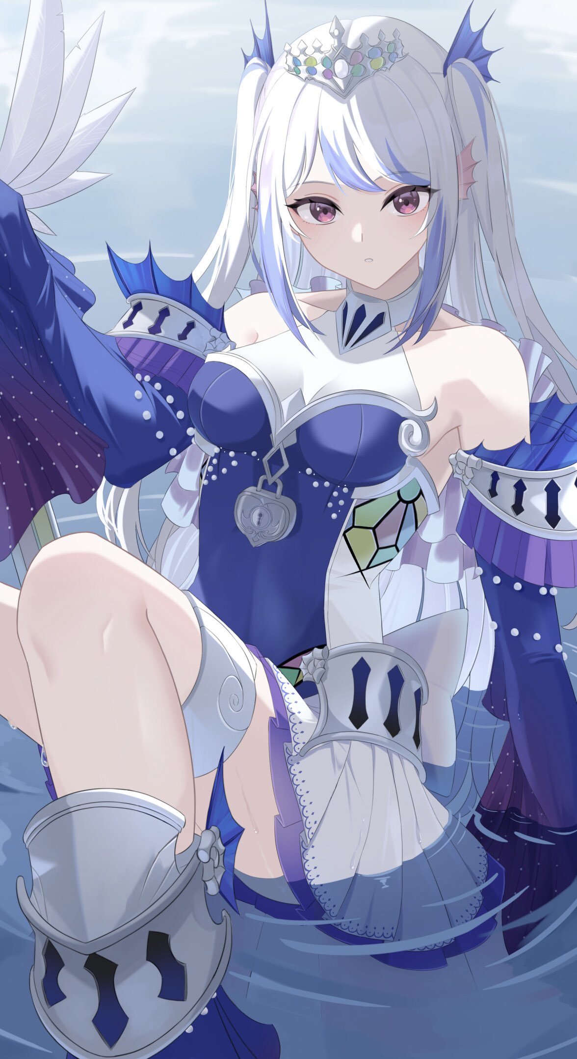 1girl, bare_shoulders, blue_dress, breasts, detached_sleeves, dress, duel_monster, feet_up