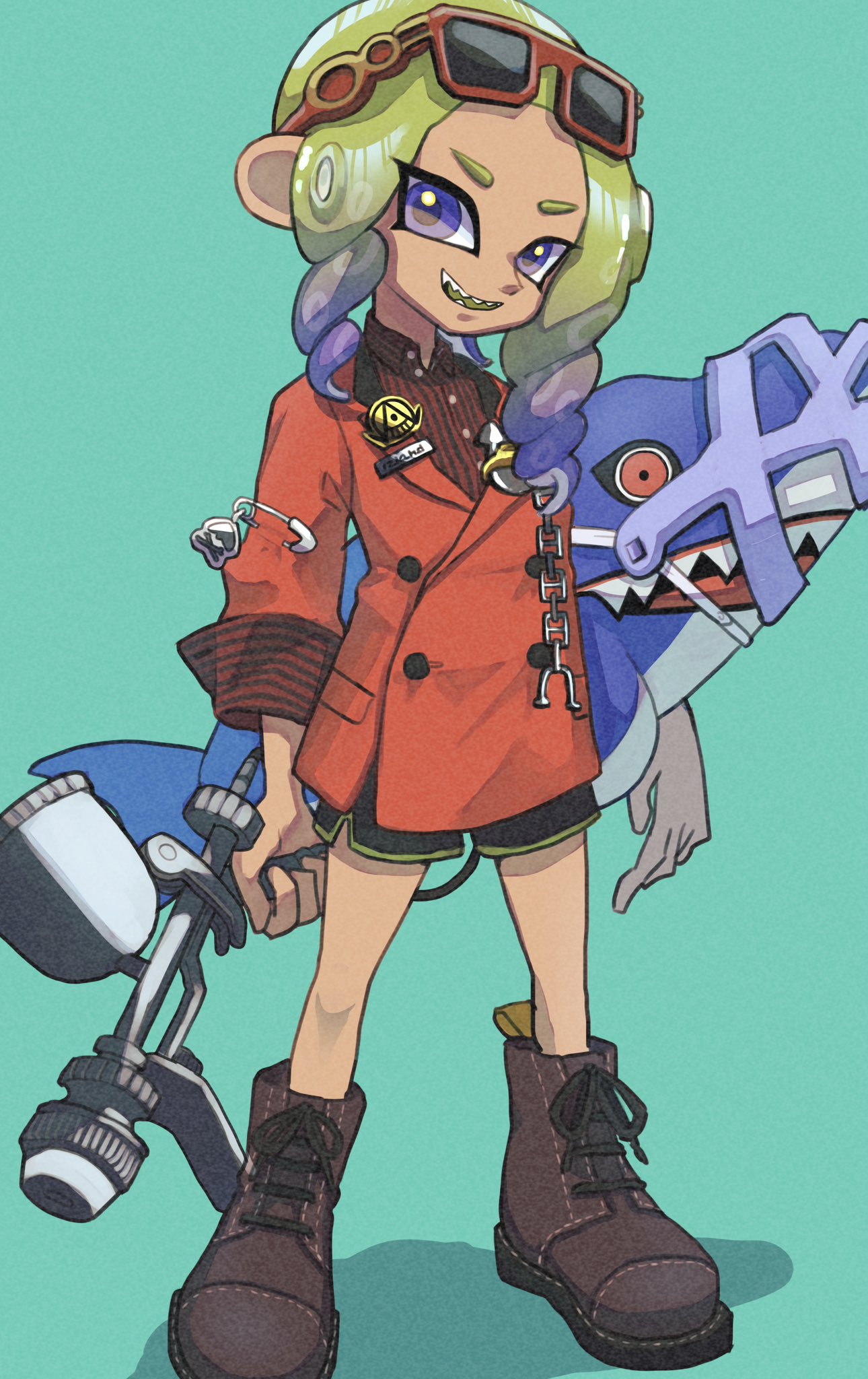 1boy, aerospray_(splatoon), aqua_background, black_shorts, blue_eyes, blue_hair, brown_footwear, commentary_request