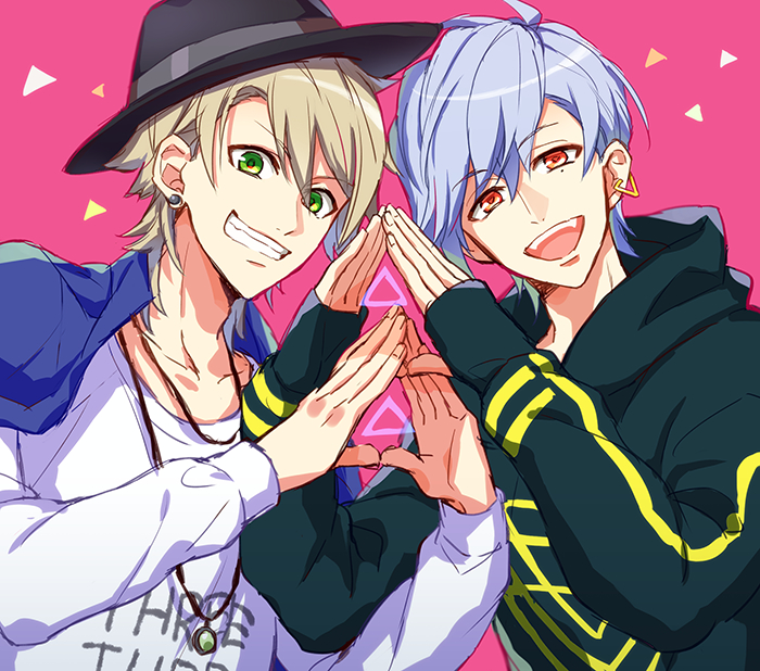 2boys, :d, a3!, black_gloves, black_headwear, black_hoodie, blonde_hair, blue_hair