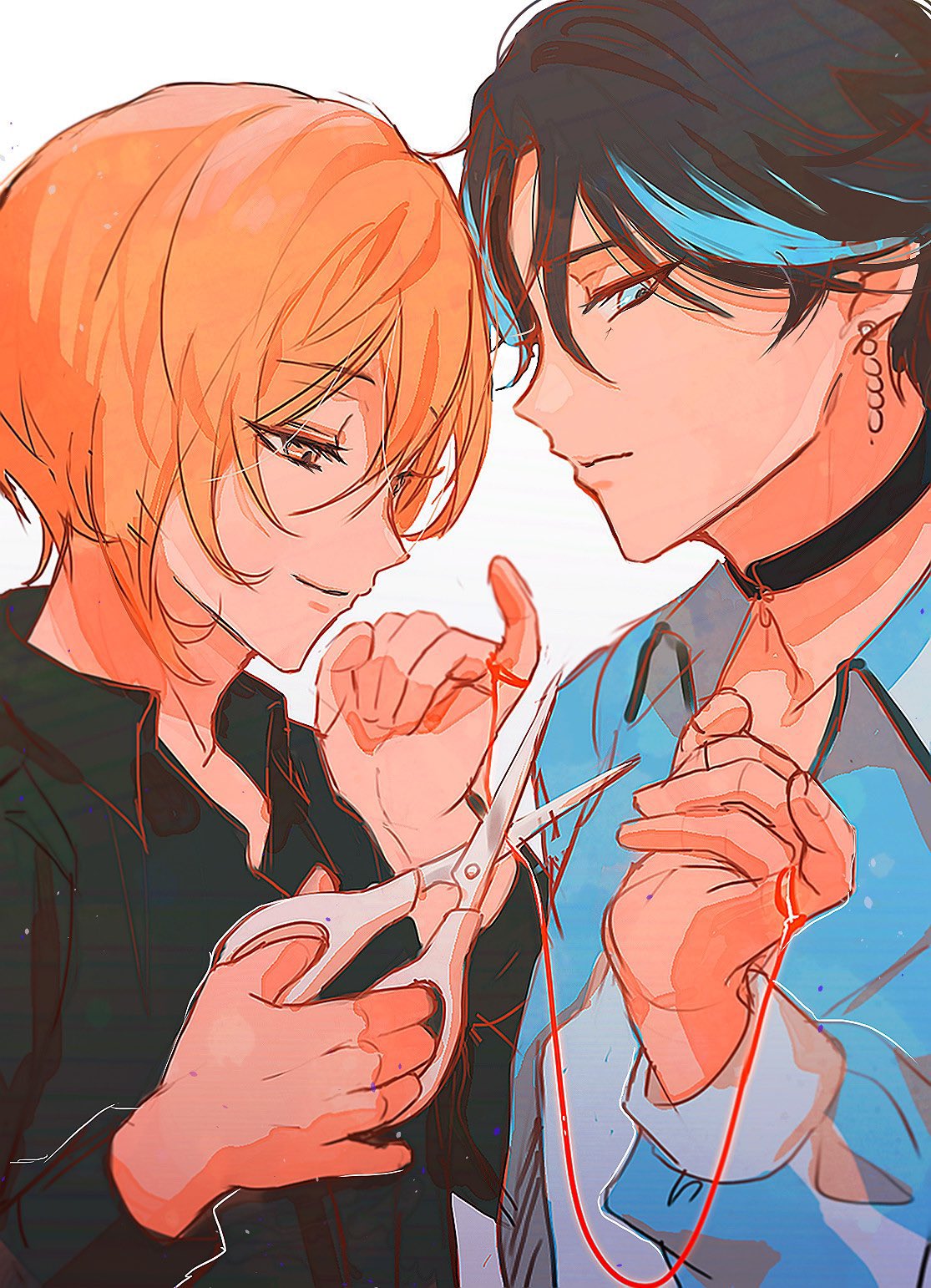 2boys, black_choker, black_hair, black_shirt, blue_eyes, blue_hair, blue_shirt, choker
