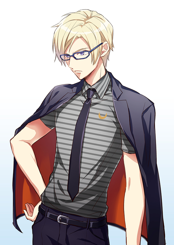 1boy, a3!, belt, belt_buckle, black_belt, black_jacket, black_necktie, blonde_hair