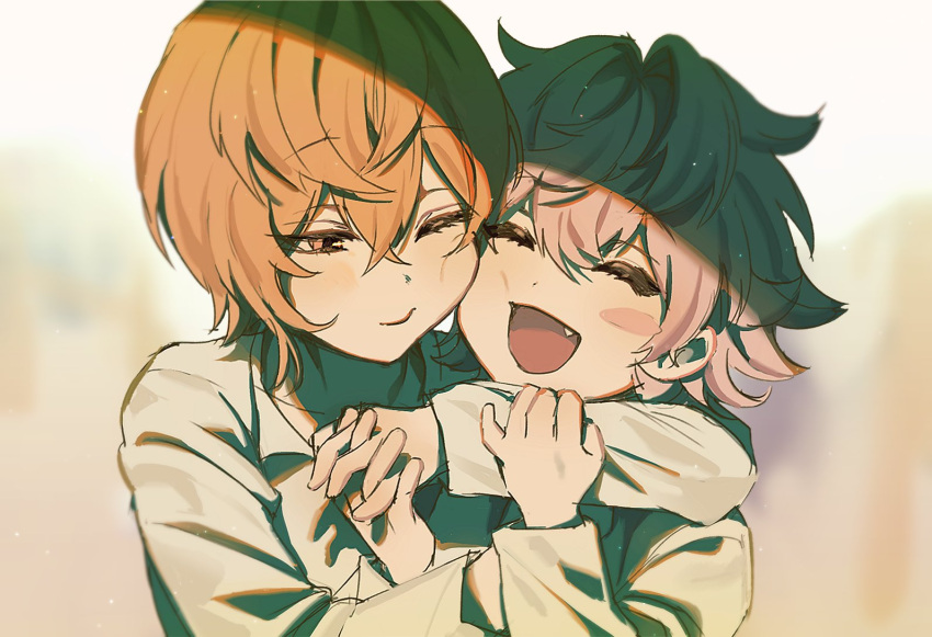 2boys, aged_down, blush, child, closed_eyes, closed_mouth, collared_shirt, fang