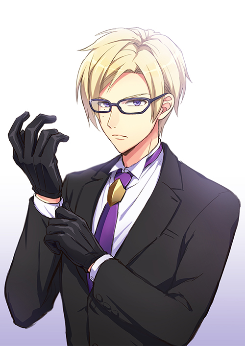 1boy, a3!, black_gloves, black_jacket, blonde_hair, blue-framed_eyewear, closed_mouth, collared_shirt