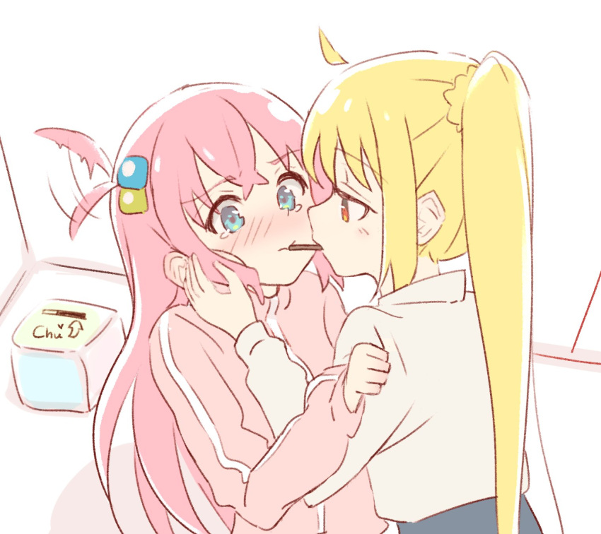 2girls, ahoge, blonde_hair, blue_eyes, blush, bocchi_the_rock!, commentary, cube_hair_ornament