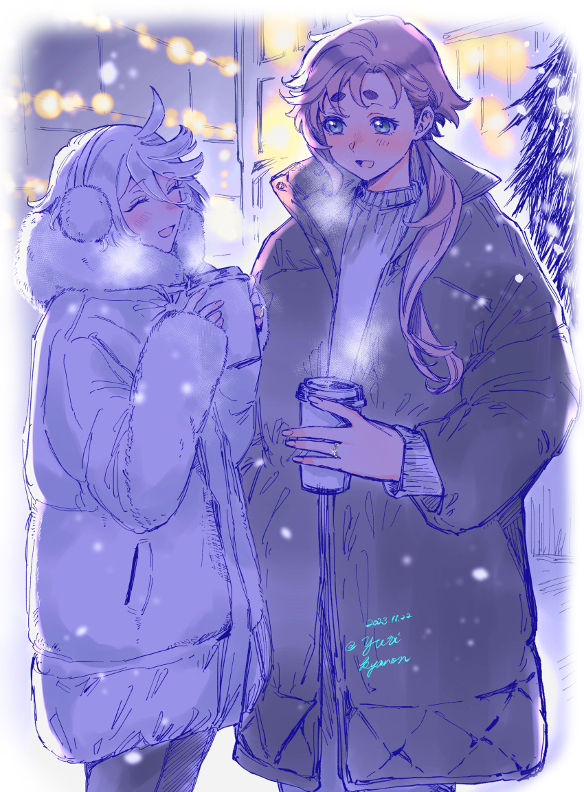 2girls, absurdres, ahoge, black_coat, blush, coat, coffee_cup, commentary_request
