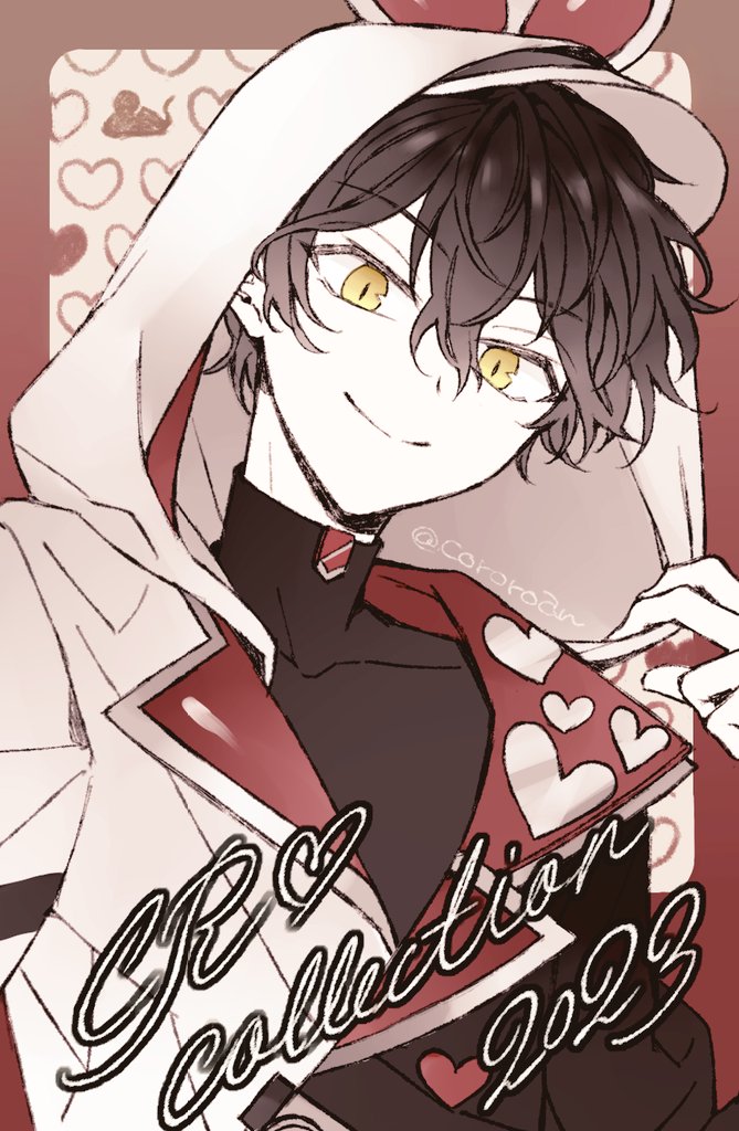 1boy, 2023, 2you, black_shirt, brown_hair, closed_mouth, cororoan, dear_vocalist, heart, heart_print, hood, hood_up, hoodie, male_focus, multicolored_clothes, multicolored_hoodie, red_hoodie, shirt, smile, solo, turtleneck, twitter_username, white_hoodie, yellow_eyes