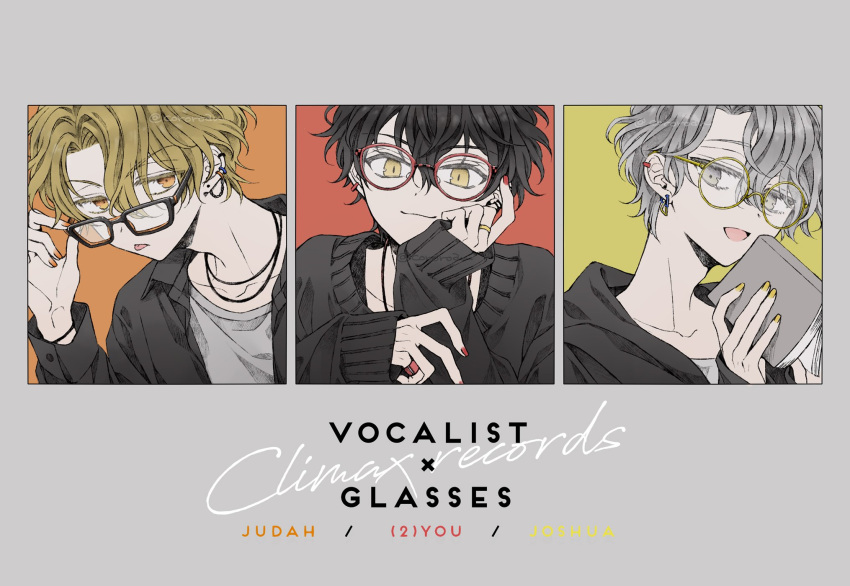 2you, 3boys, black_hair, blonde_hair, closed_mouth, colored_eyelashes, cororoan, dear_vocalist, earrings, glasses, grey_background, grey_eyes, grey_hair, highres, jewelry, joshua_(dear_vocalist), judah_(dear_vocalist), looking_at_viewer, multiple_boys, multiple_earrings, orange_background, orange_eyes, orange_nails, red_background, red_nails, yellow_background, yellow_eyes, yellow_nails