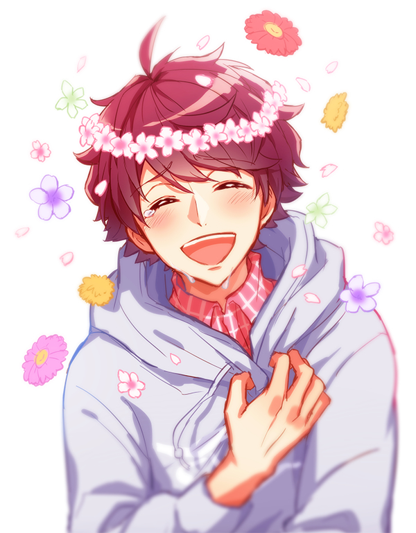 1boy, :d, ^_^, a3!, ahoge, blush, closed_eyes, collared_shirt