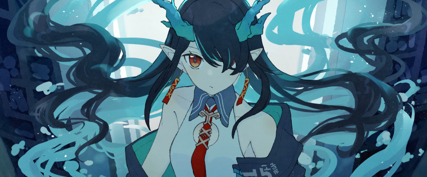 1girl, arknights, bare_shoulders, black_coat, black_hair, breasts, closed_mouth, clothing_cutout