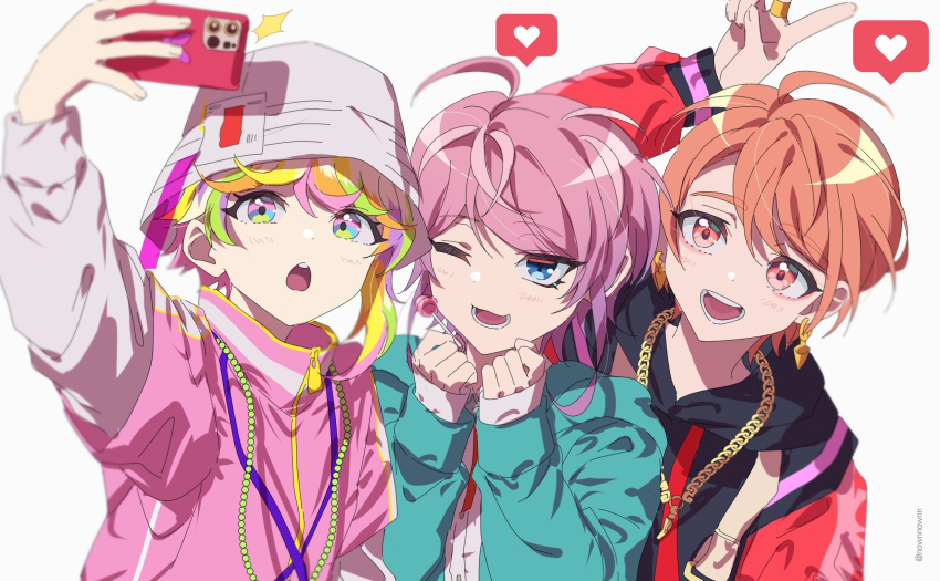 3boys, amemura_ramuda, androgynous, blonde_hair, blue_eyes, green_eyes, green_hair, heart