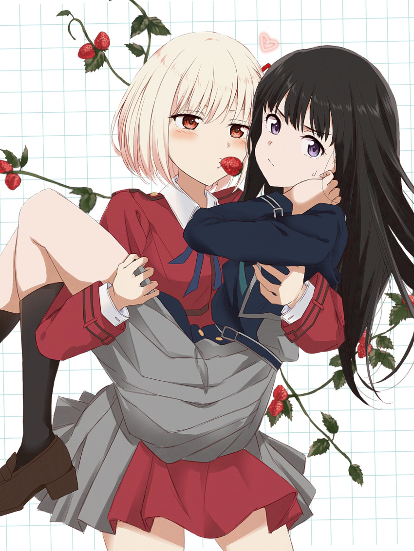 2girls, black_footwear, black_hair, blonde_hair, carrying, checkered_background, commentary_request, food, food_in_mouth, fruit, gangshangguang_(smjy5842), highres, inoue_takina, light_blush, long_hair, looking_at_another, looking_to_the_side, lycoris_recoil, lycoris_uniform, medium_hair, multiple_girls, nishikigi_chisato, orange_eyes, princess_carry, puckered_lips, shoes, simple_background, skirt, strawberry, strawberry_plant, sweatdrop, violet_eyes, white_background, yuri