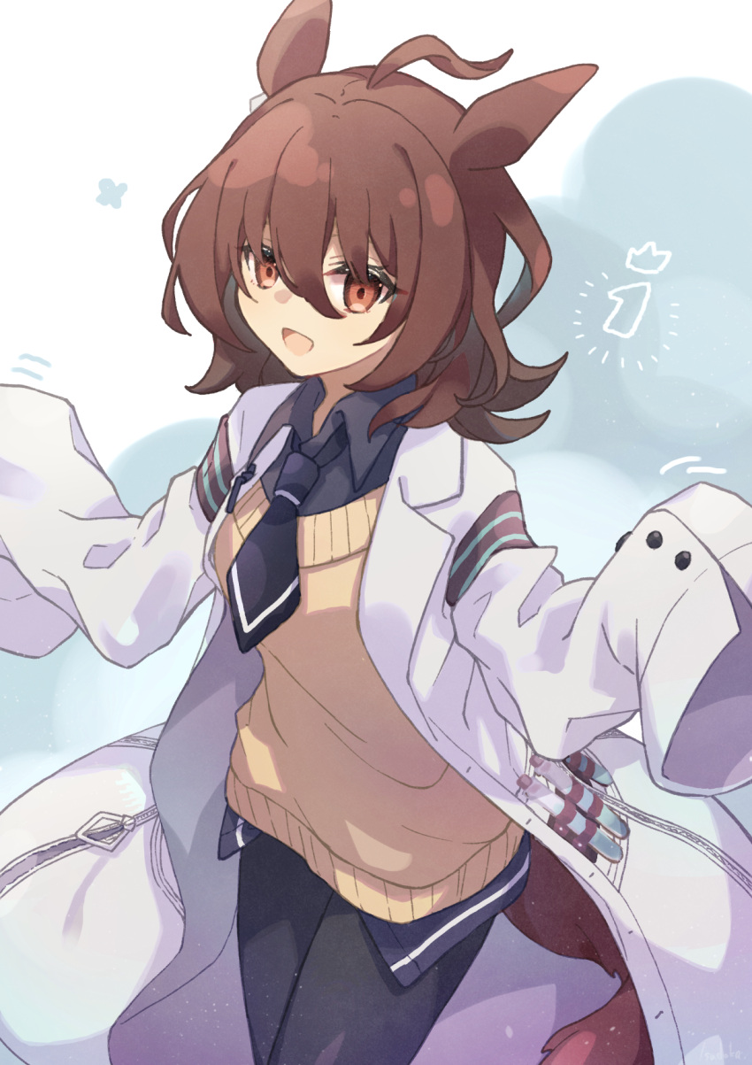 1girl, agnes_tachyon_(umamusume), animal_ears, artist_name, black_pantyhose, black_shirt, breasts, brown_hair
