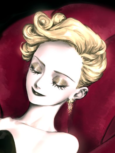 1girl, ankh_(ooo), ankh_(ooo)_(cosplay), black_background, black_lips, blonde_hair, close-up, closed_eyes