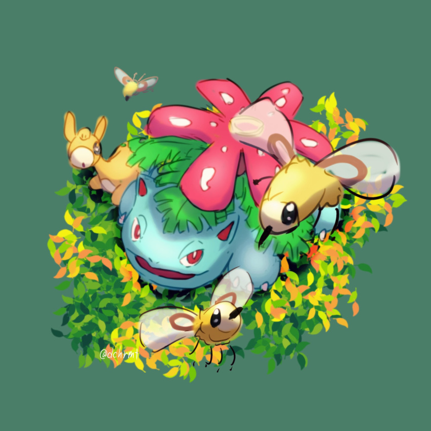 animal_focus, black_eyes, colored_skin, commentary_request, cutiefly, floating, green_background, green_skin, highres, no_humans, numel, open_mouth, pokemon, pokemon_(creature), red_eyes, simple_background, venusaur, wings, yu_(pocketsun636)
