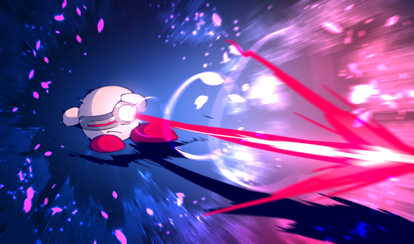 adjusting_eyewear, attack, blue_background, closed_mouth, colored_skin, commentary_request, copy_ability, covered_eyes, frown, grey-framed_eyewear, hand_on_eyewear, kirby, kirby_(series), laser, laser_kirby, monocle, no_humans, pink_skin, red_background, red_footwear, round_eyewear, shadow, shirushiki, shoes, solo, speed_lines, two-tone_background