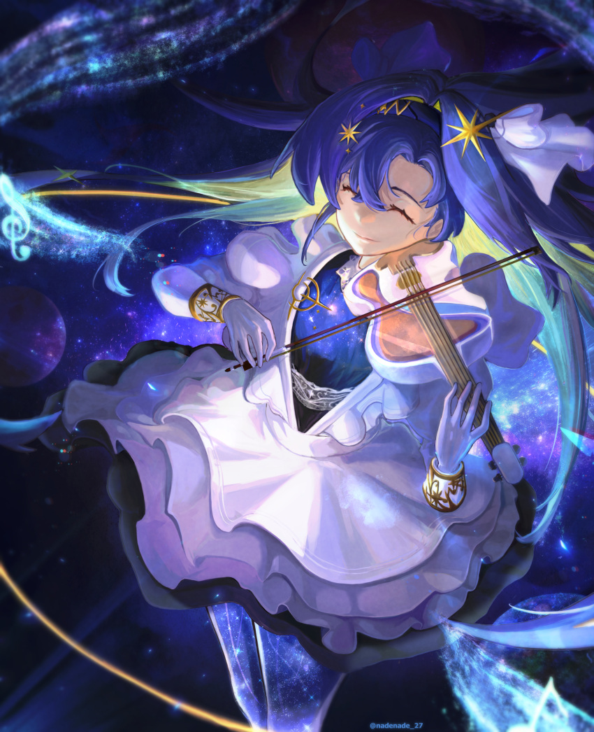 1girl, absurdres, blue_hair, bow_(music), closed_eyes, english_commentary, gloves, hair_ornament