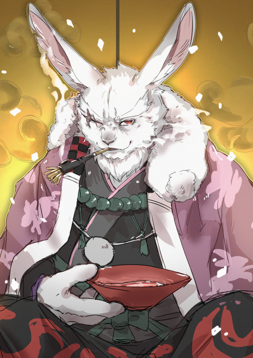 1boy, absurdres, alcohol, animal_ears, ao_gravity, choko_(cup), commentary_request, cup, furry, furry_male, highres, japanese_clothes, kimono, looking_at_viewer, male_focus, open_mouth, rabbit_boy, rabbit_ears, red_eyes, sake, scar, scar_across_eye, shangri-la_frontier, smoke, smoking_pipe, vysache_(shangri-la_frontier)