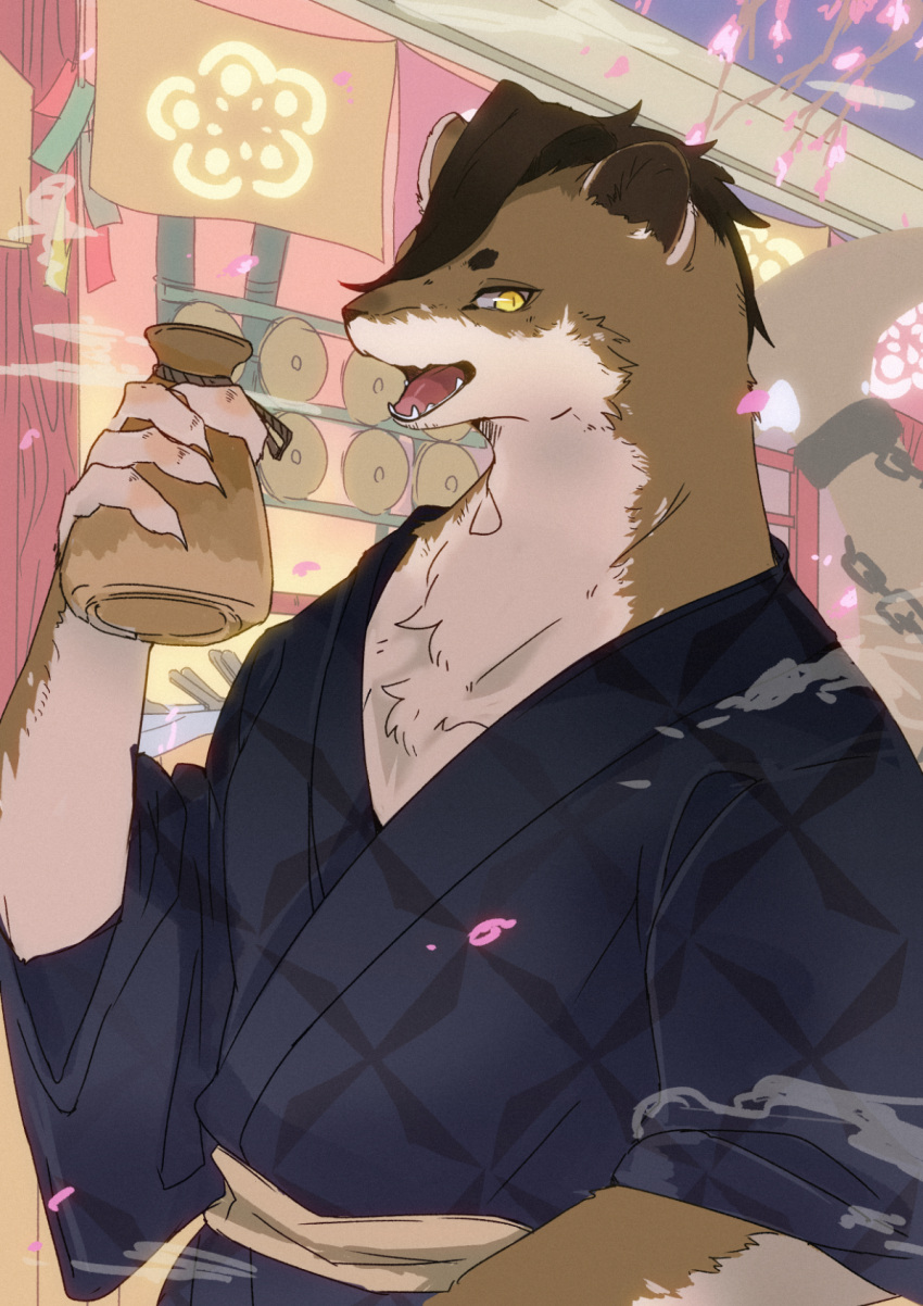 1boy, animal_ears, ao_gravity, bottle, chain, cherry_blossoms, claws, commentary_request