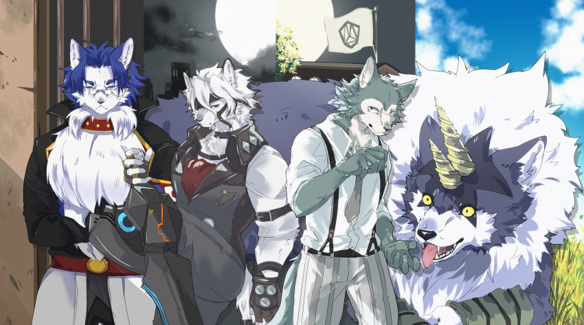 4boys, absurdres, ao_gravity, ascot, beastars, black_vest, blue_sky, clouds