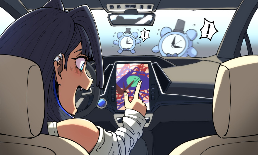 1girl, alarm_clock, blue_eyes, blue_hair, bow, bow_earrings, car, car_interior, clock, driving, earrings, fang, gps, hair_intakes, hat, highres, hololive, hololive_english, jewelry, kronie_(ouro_kronii), left-hand_drive, motor_vehicle, oruruca86, ouro_kronii, rear-view_mirror, short_hair, steering_wheel, top_hat, virtual_youtuber