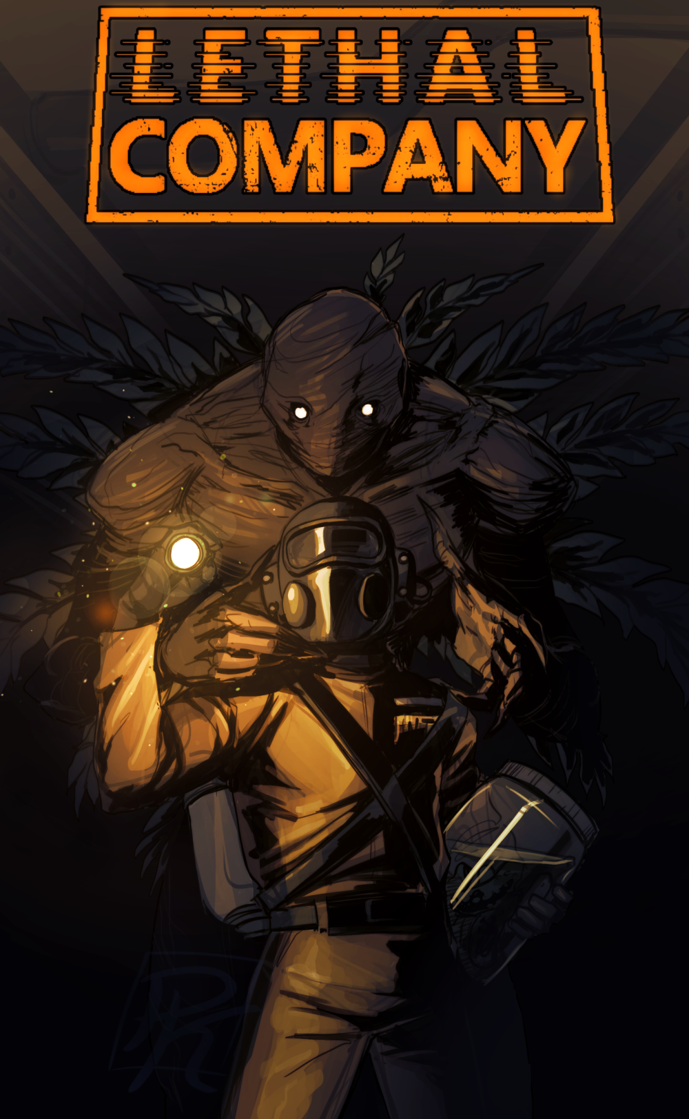 2others, black_gloves, bracken, copyright_name, english_text, flashlight, gloves, glowing, glowing_eyes, hand_on_another's_neck, hazmat_suit, highres, holding, holding_flashlight, holding_jar, jar, leaf, lethal_company, monster, multiple_others, oxygen_mask, pailknight, science_fiction, standing