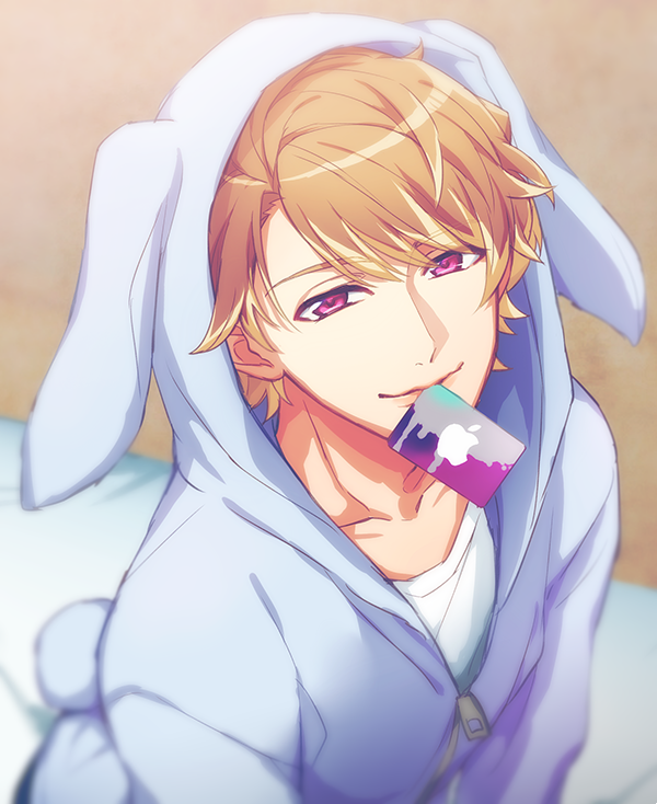 1boy, a3!, animal_costume, animal_ears, animal_hood, apple_inc., blonde_hair, blurry