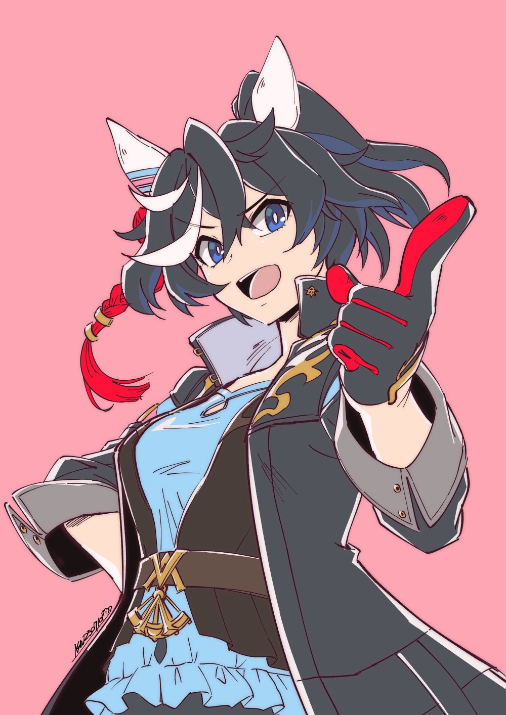 1girl, animal_ears, as'maria, black_coat, black_gloves, black_hair, black_vest, blue_eyes, blue_shirt, breasts, coat, ear_covers, flat_color, gloves, hair_ornament, high_collar, highres, horse_ears, katsuragi_ace_(umamusume), long_sleeves, looking_at_viewer, multicolored_hair, open_clothes, open_coat, open_mouth, pink_background, pointing, pointing_at_viewer, ponytail, shirt, short_hair, signature, simple_background, small_breasts, solo, streaked_hair, umamusume, upper_body, v-shaped_eyebrows, vest