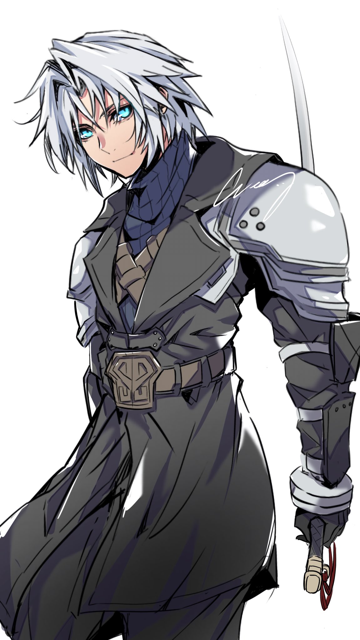 1boy, aged_down, aqua_eyes, armor, black_gloves, black_jacket, chest_strap, closed_mouth