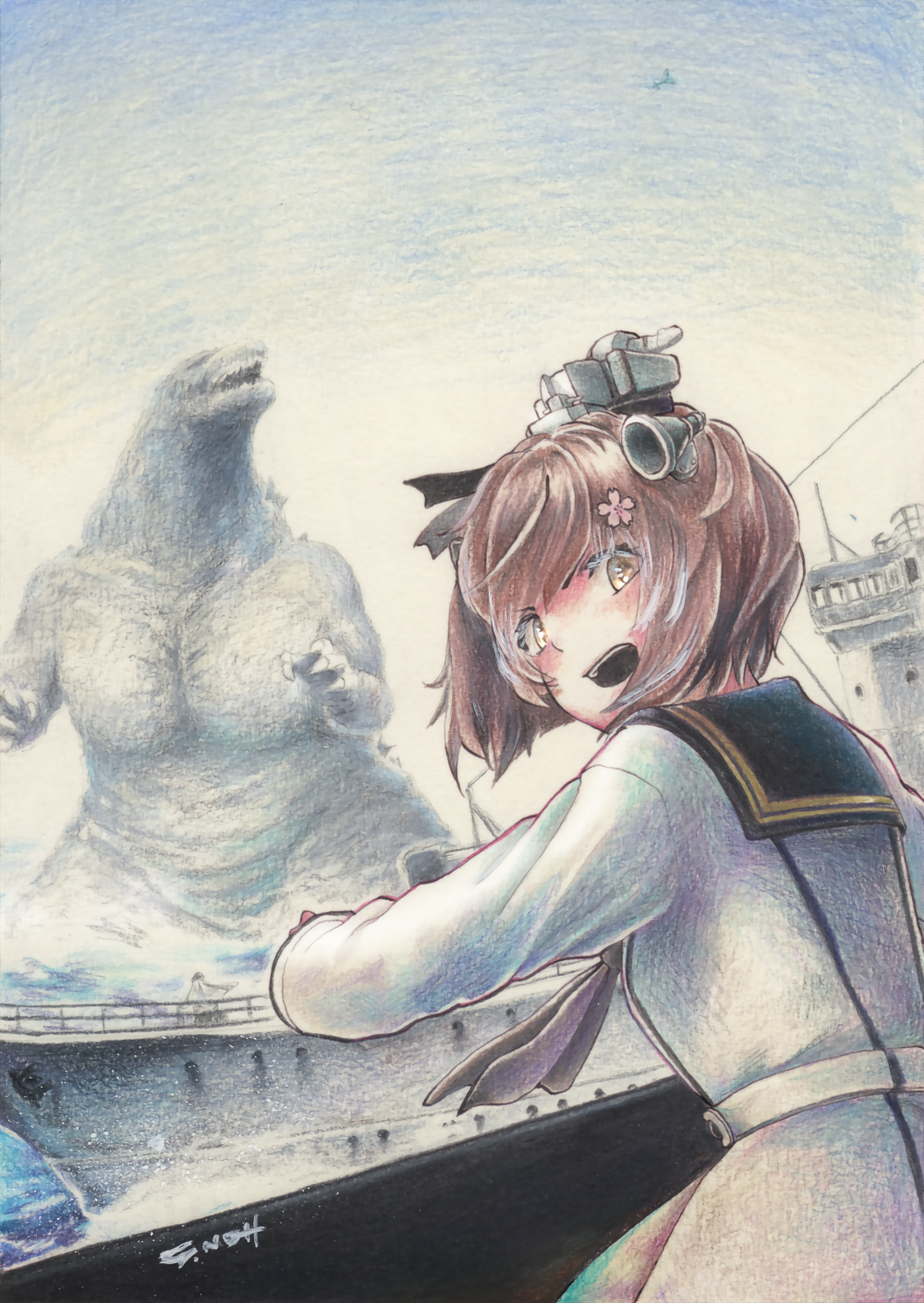 binoculars, brown_eyes, brown_hair, destruction, dress, giant, giant_monster, godzilla