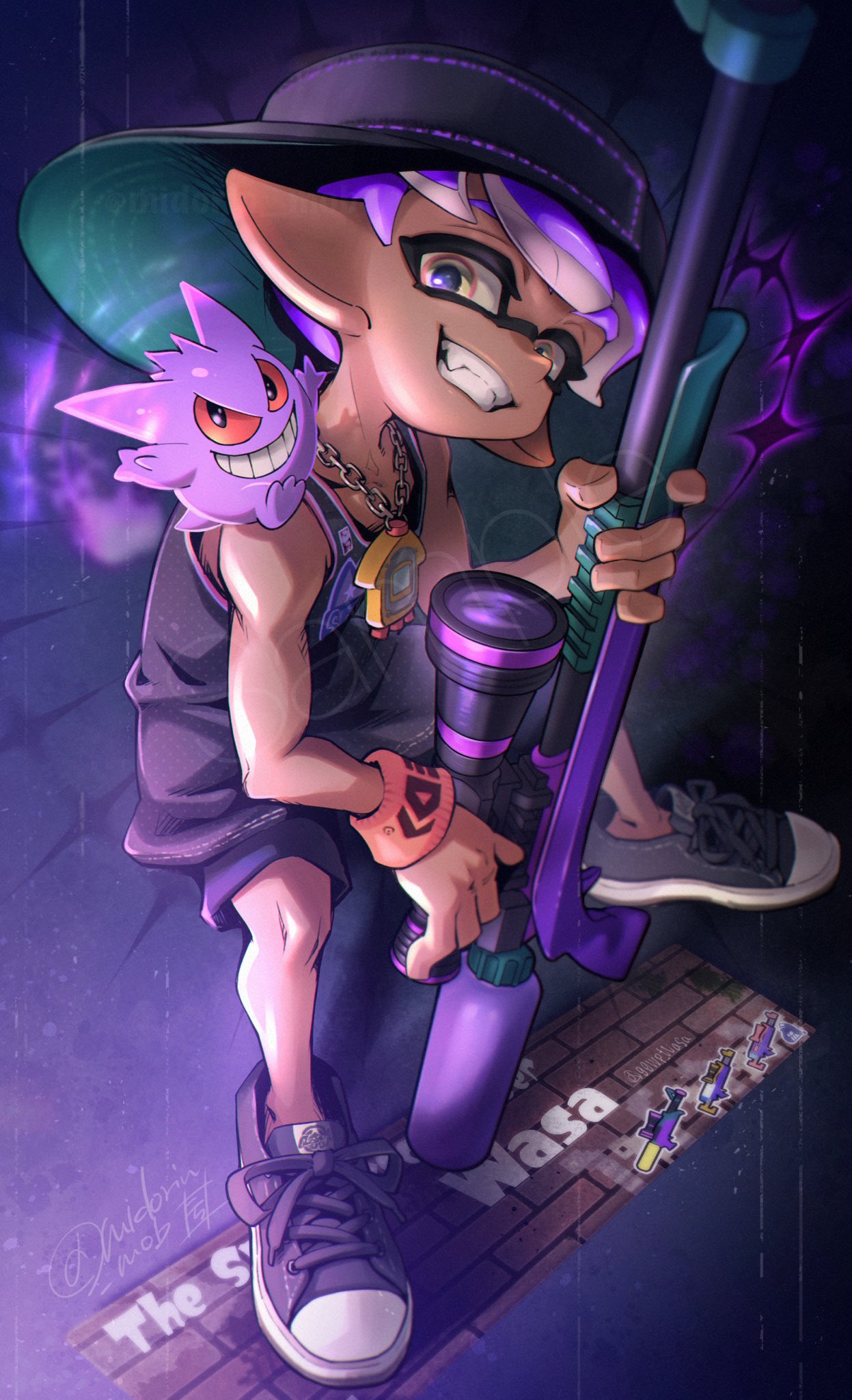 1boy, aura, bare_shoulders, black_eyes, colored_sclera, commentary_request, full_body, gengar