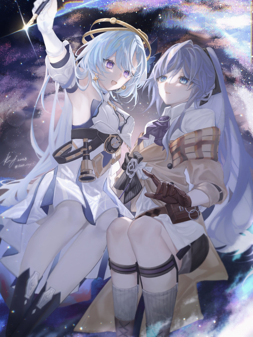 2girls, absurdres, ascot, blue_eyes, blue_hair, brown_gloves, brown_jacket, brown_sleeves