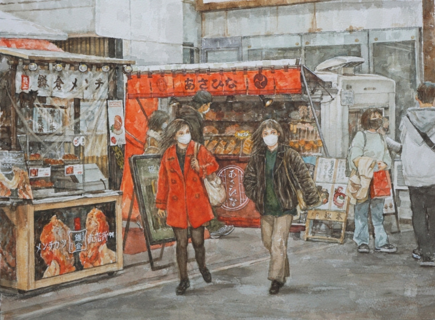 2girls, 4girls, billboard, building, food_stand, mask, menu_board, mouth_mask